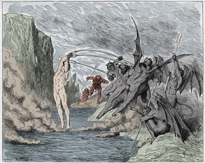 Inferno, Canto 21: Demonios atormentan a los barradores, ilustración de La Divina Comedia de Dante Alighieri, 1885 de Gustave after Dore
